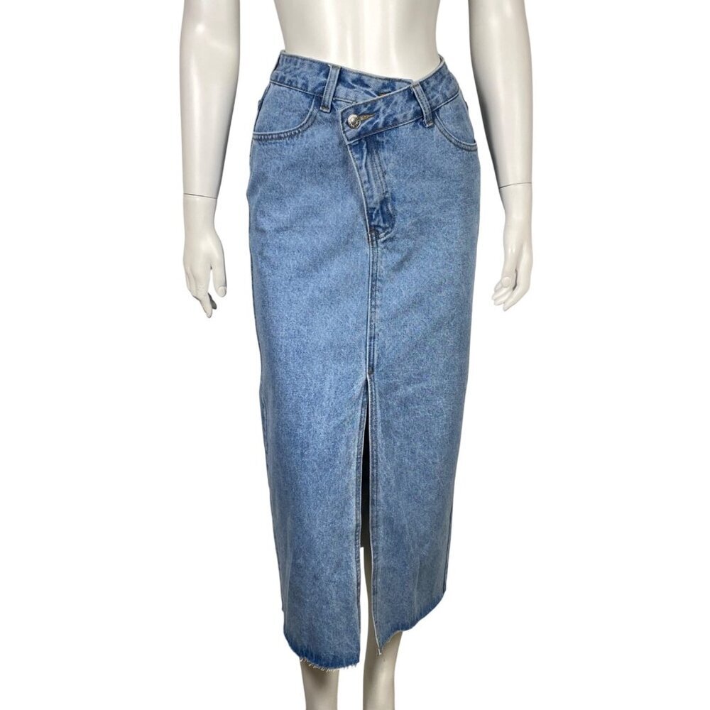 Denim Midi Skirt Womens Size S Asymmetrical Zipper Front Slit Light Wash - Picture 1 of 6